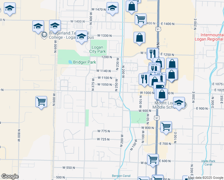 map of restaurants, bars, coffee shops, grocery stores, and more near 265 West 1000 North in Logan