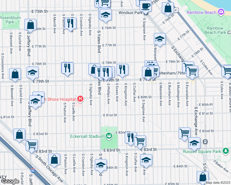 map of restaurants, bars, coffee shops, grocery stores, and more near 7924 South Essex Avenue in Chicago