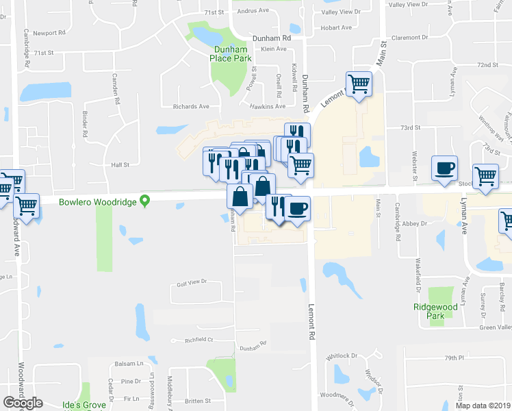 map of restaurants, bars, coffee shops, grocery stores, and more near 1001 75th Street in Woodridge