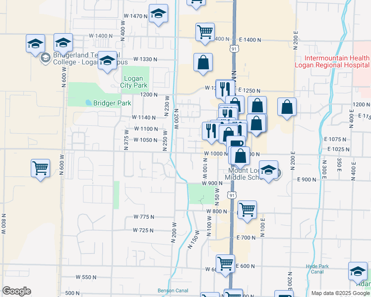 map of restaurants, bars, coffee shops, grocery stores, and more near 1082 North 180 West in Logan