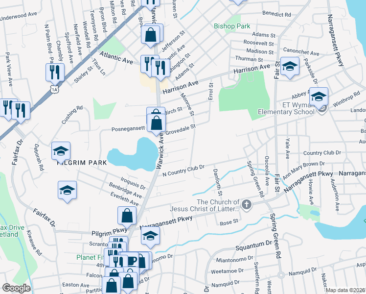 map of restaurants, bars, coffee shops, grocery stores, and more near 175 Monroe Street in Warwick