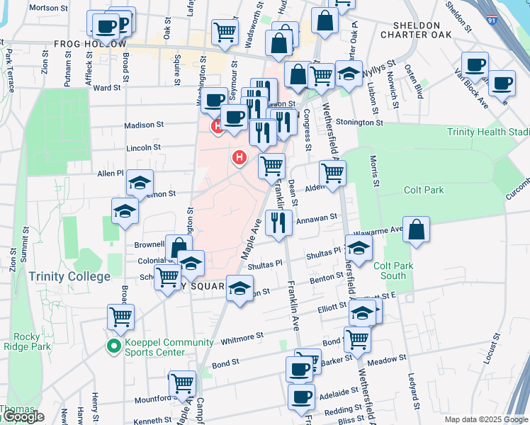 map of restaurants, bars, coffee shops, grocery stores, and more near 43 Franklin Avenue in Hartford