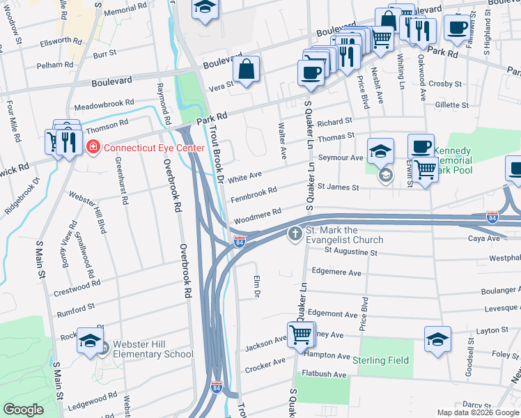 map of restaurants, bars, coffee shops, grocery stores, and more near 67 Fennbrook Road in West Hartford