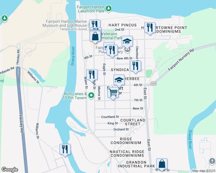 map of restaurants, bars, coffee shops, grocery stores, and more near 321 6th Street in Fairport Harbor