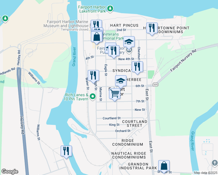 map of restaurants, bars, coffee shops, grocery stores, and more near 321 6th Street in Fairport Harbor