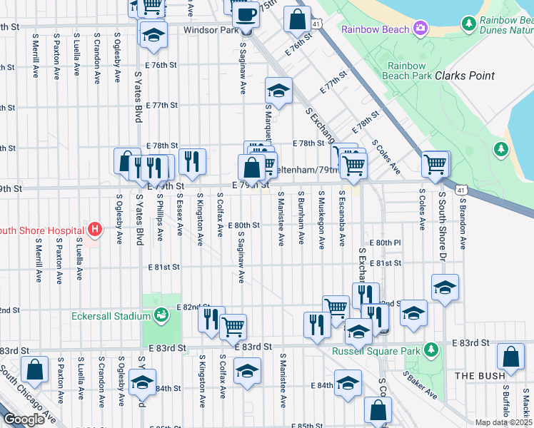 map of restaurants, bars, coffee shops, grocery stores, and more near 7926 South Manistee Avenue in Chicago