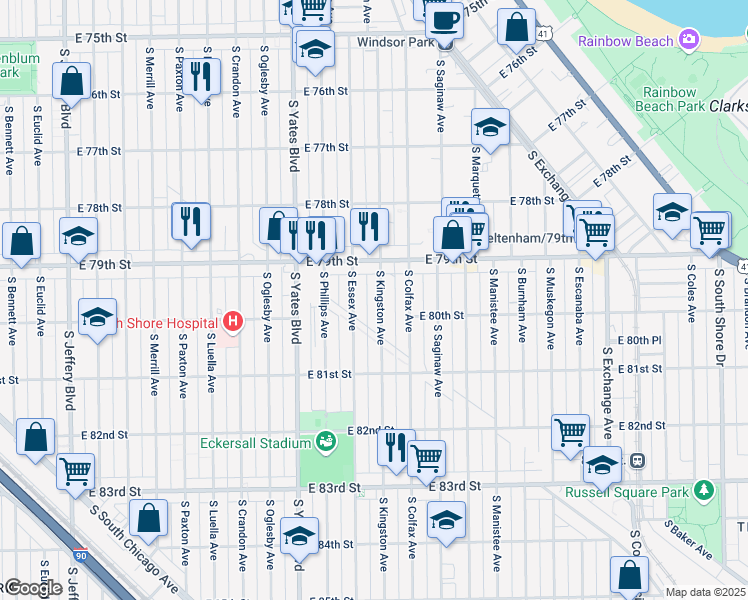 map of restaurants, bars, coffee shops, grocery stores, and more near 7923 South Kingston Avenue in Chicago
