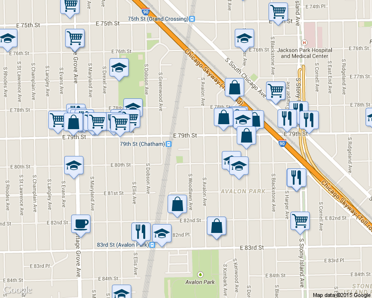 map of restaurants, bars, coffee shops, grocery stores, and more near 7908 South Woodlawn Avenue in Chicago