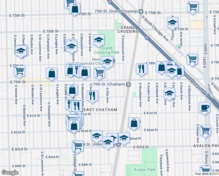 map of restaurants, bars, coffee shops, grocery stores, and more near 7907 South Ellis Avenue in Chicago