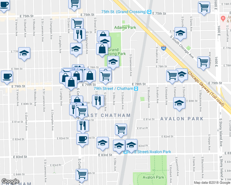 map of restaurants, bars, coffee shops, grocery stores, and more near 7907 South Ellis Avenue in Chicago