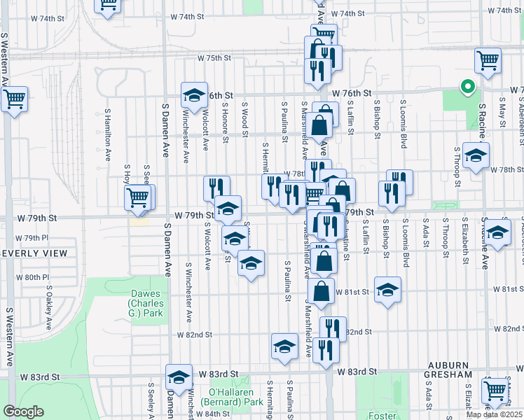 map of restaurants, bars, coffee shops, grocery stores, and more near 7836 South Hermitage Avenue in Chicago