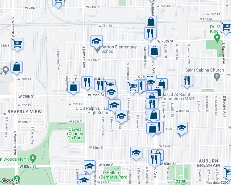 map of restaurants, bars, coffee shops, grocery stores, and more near 7837 South Honore Street in Chicago