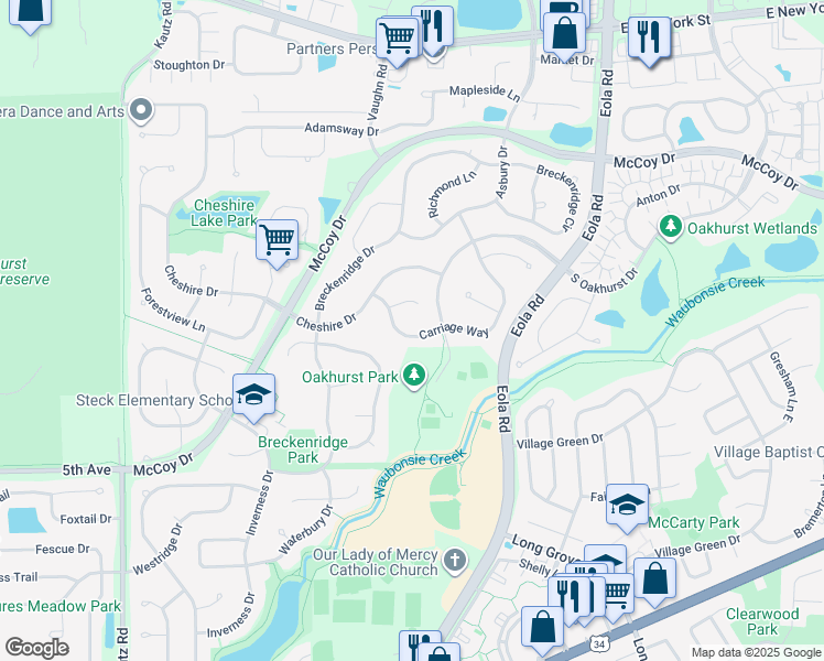 map of restaurants, bars, coffee shops, grocery stores, and more near 2621 Carriage Court in Aurora