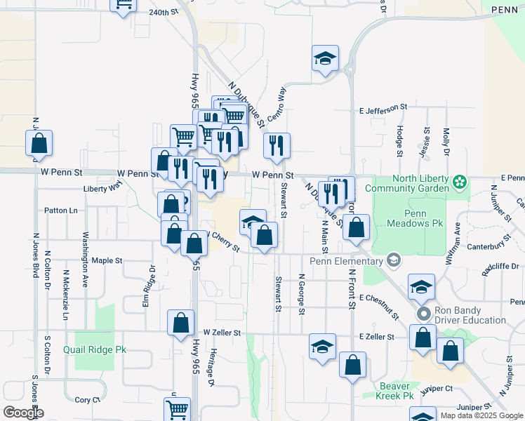 map of restaurants, bars, coffee shops, grocery stores, and more near 50 Village Drive in North Liberty