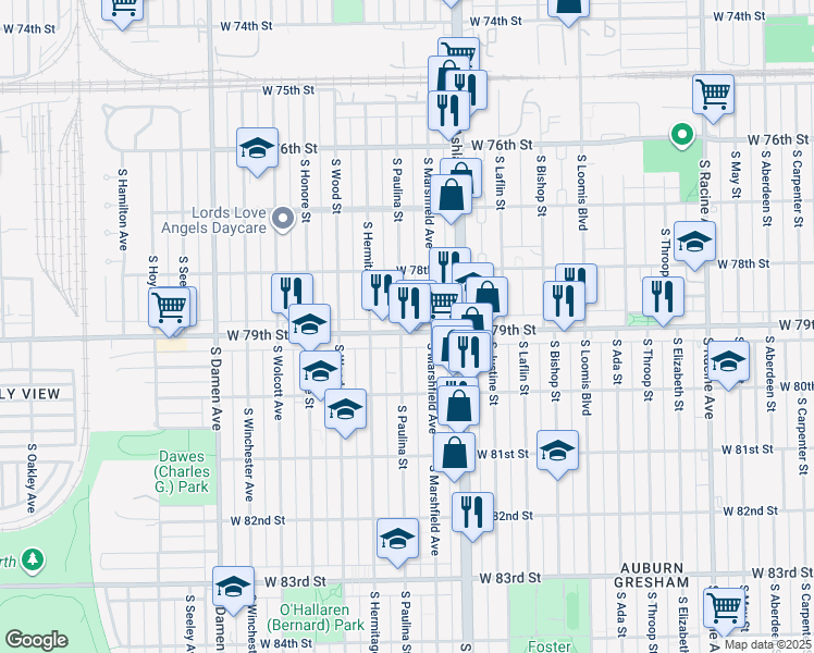 map of restaurants, bars, coffee shops, grocery stores, and more near 7836 South Paulina Street in Chicago
