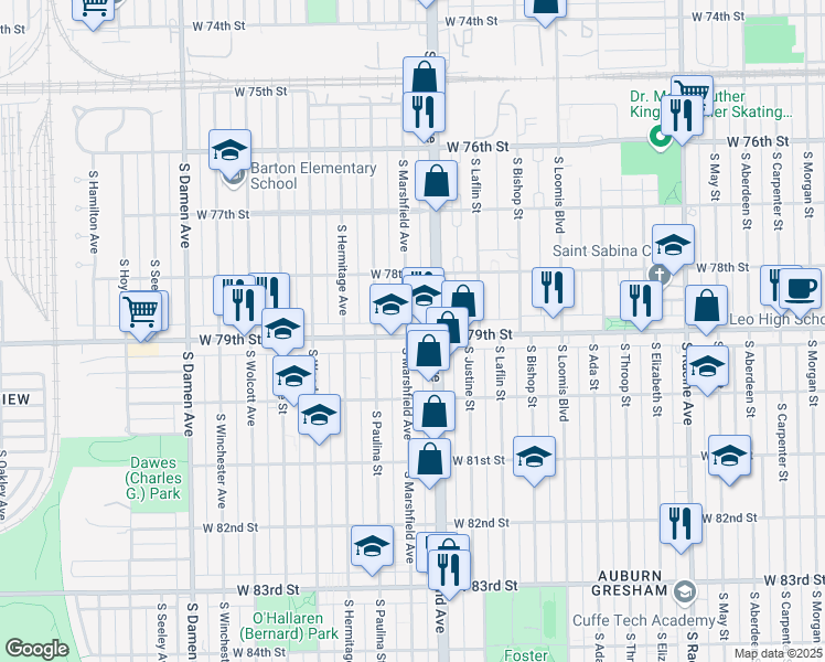 map of restaurants, bars, coffee shops, grocery stores, and more near 1624 West 79th Street in Chicago