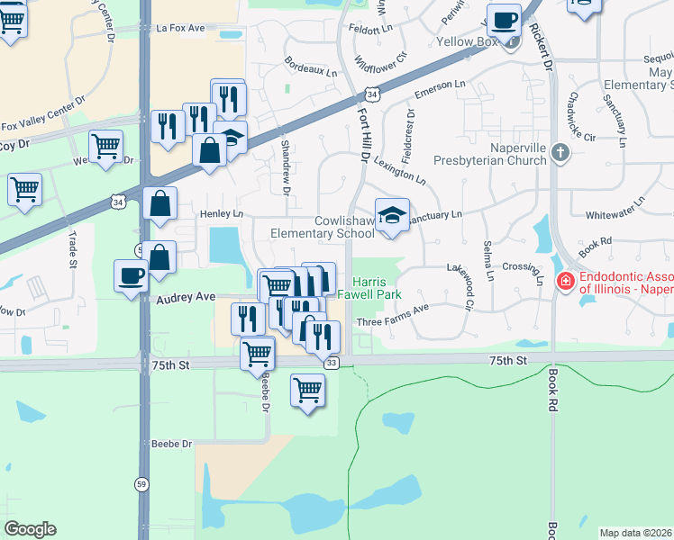 map of restaurants, bars, coffee shops, grocery stores, and more near 1026 Ravendale Ct in Naperville