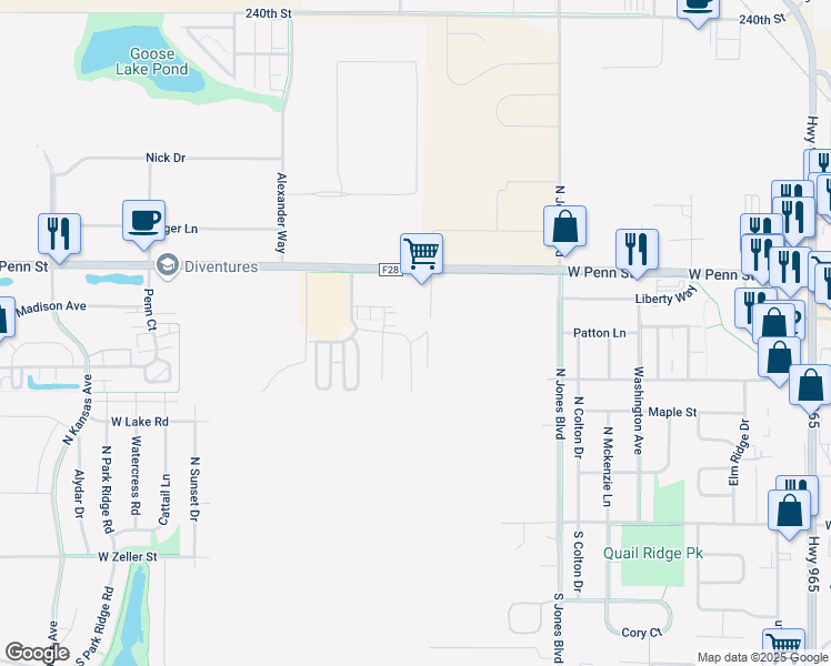 map of restaurants, bars, coffee shops, grocery stores, and more near 480 Cameron Way in North Liberty