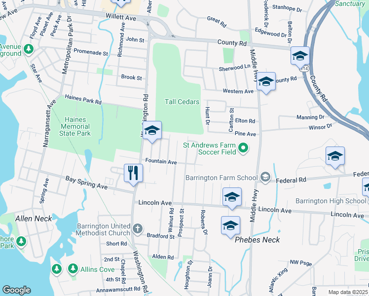 map of restaurants, bars, coffee shops, grocery stores, and more near 5 Prospect Street in Barrington