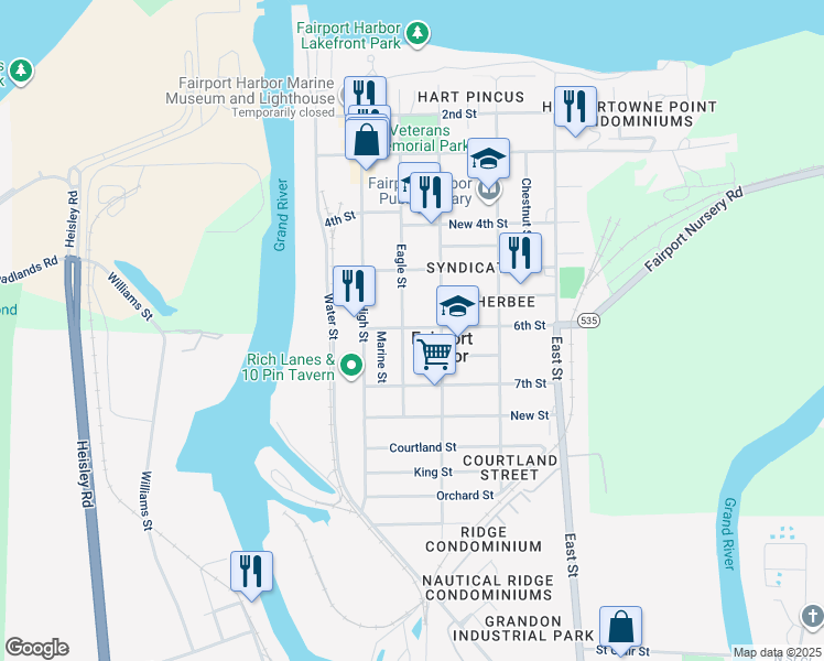 map of restaurants, bars, coffee shops, grocery stores, and more near 321 6th Street in Fairport Harbor
