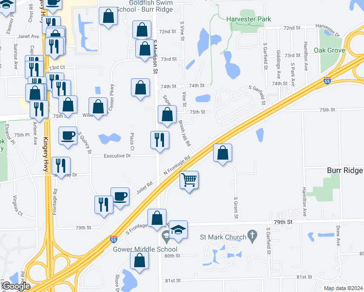 map of restaurants, bars, coffee shops, grocery stores, and more near 15W700 Brush Hill Road in Willowbrook
