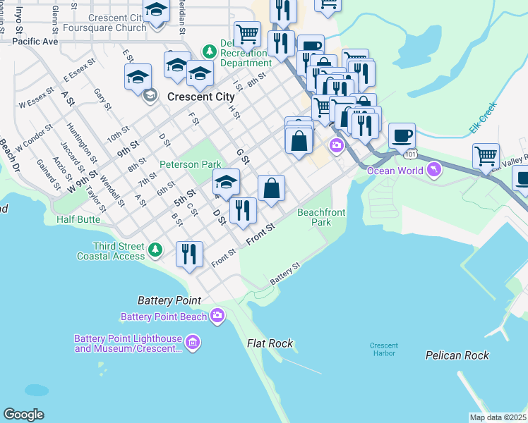 map of restaurants, bars, coffee shops, grocery stores, and more near 625 2nd Street in Crescent City