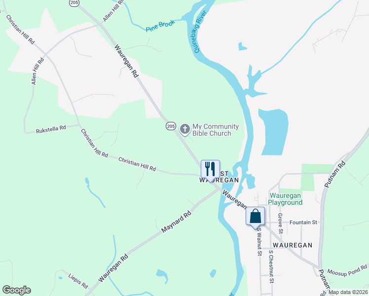 map of restaurants, bars, coffee shops, grocery stores, and more near 633 Wauregan Road in Brooklyn