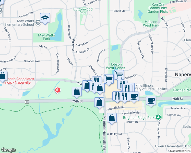 map of restaurants, bars, coffee shops, grocery stores, and more near 1215 Rhodes Lane in Naperville