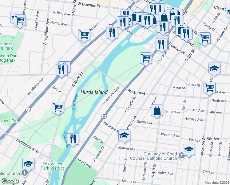 map of restaurants, bars, coffee shops, grocery stores, and more near 307 South Broadway in Aurora