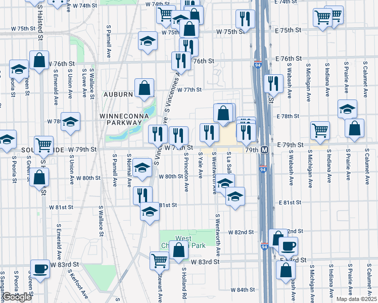 map of restaurants, bars, coffee shops, grocery stores, and more near 251 West 79th Street in Chicago