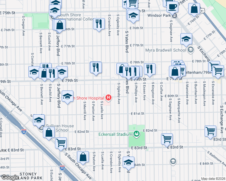 map of restaurants, bars, coffee shops, grocery stores, and more near 7937 South Crandon Avenue in Chicago