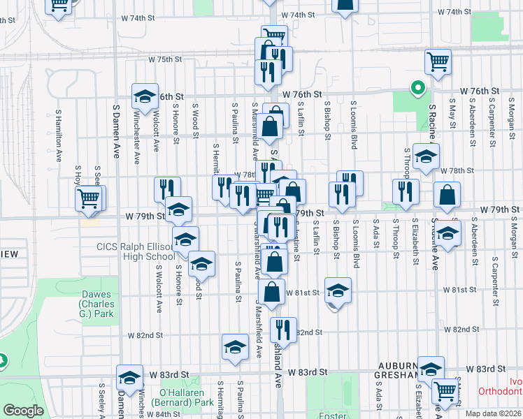 map of restaurants, bars, coffee shops, grocery stores, and more near 1626 West 79th Street in Chicago