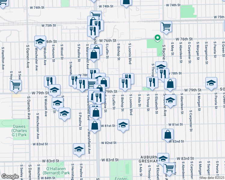 map of restaurants, bars, coffee shops, grocery stores, and more near 7843 South Laflin Street in Chicago