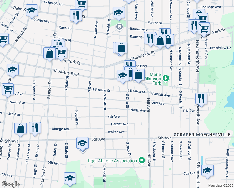 map of restaurants, bars, coffee shops, grocery stores, and more near 920 East Benton Street in Aurora