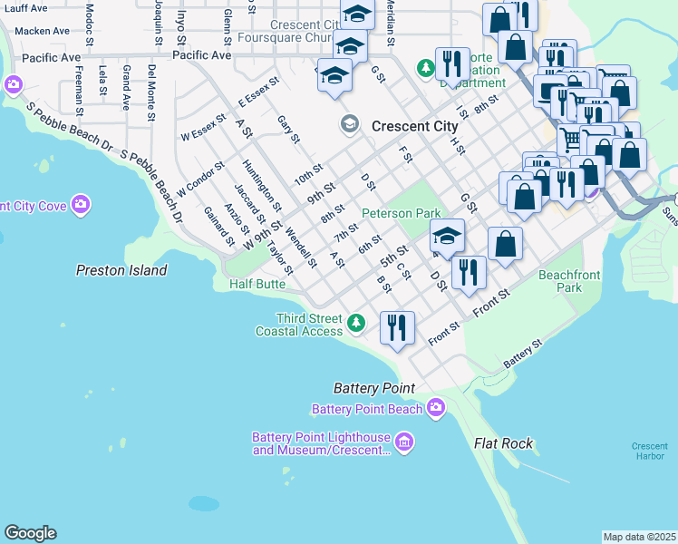 map of restaurants, bars, coffee shops, grocery stores, and more near 501-535 A Street in Crescent City