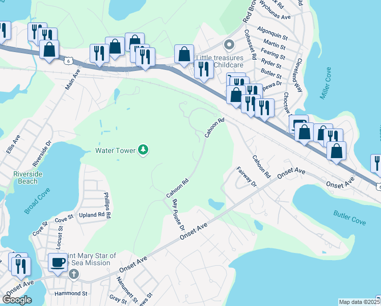 map of restaurants, bars, coffee shops, grocery stores, and more near 98 Oakmont Drive in Wareham