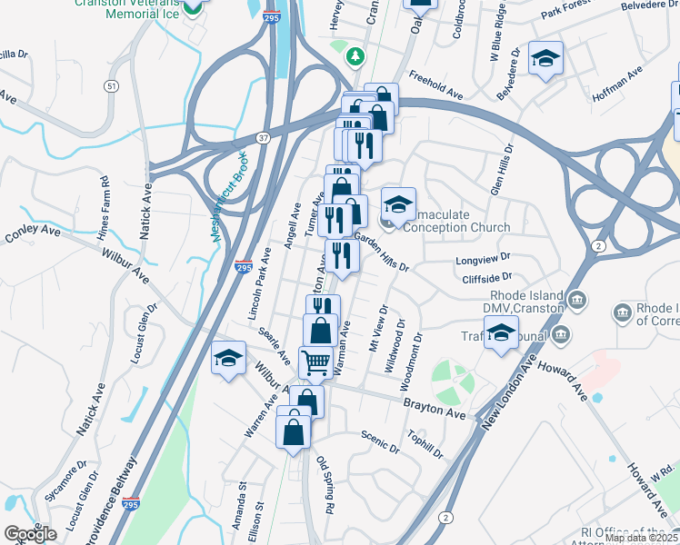 map of restaurants, bars, coffee shops, grocery stores, and more near 781 Oaklawn Avenue in Cranston