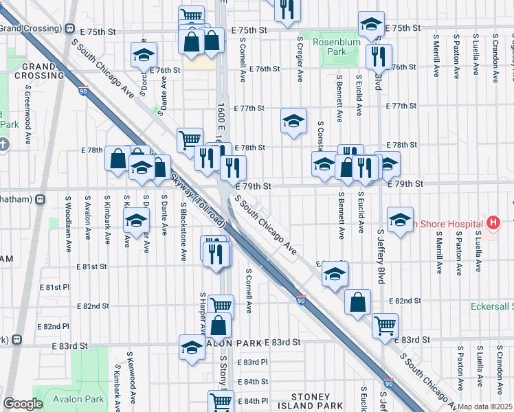 map of restaurants, bars, coffee shops, grocery stores, and more near 7916 South East End Avenue in Chicago