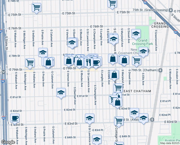 map of restaurants, bars, coffee shops, grocery stores, and more near 549 East 79th Street in Chicago