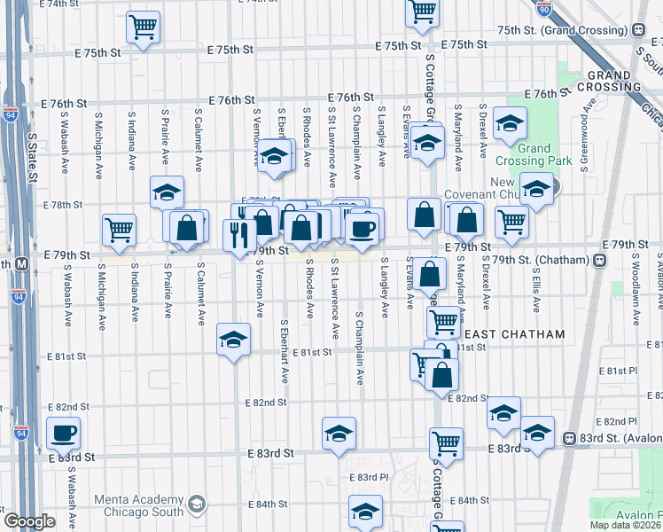map of restaurants, bars, coffee shops, grocery stores, and more near 549 East 79th Street in Chicago