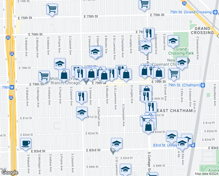 map of restaurants, bars, coffee shops, grocery stores, and more near 549 East 79th Street in Chicago