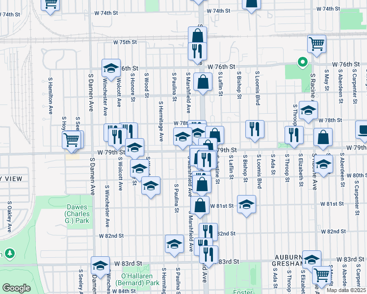 map of restaurants, bars, coffee shops, grocery stores, and more near 7837 South Marshfield Avenue in Chicago