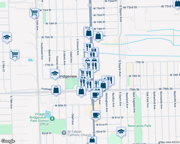 map of restaurants, bars, coffee shops, grocery stores, and more near 7731 South Harlem Avenue in Bridgeview