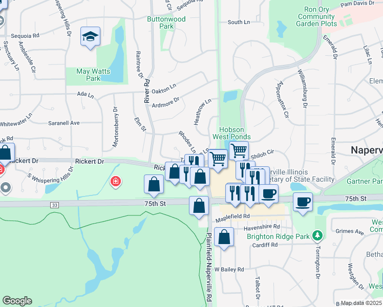 map of restaurants, bars, coffee shops, grocery stores, and more near 1215 Rhodes Lane in Naperville