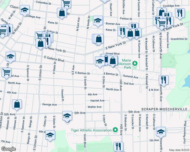 map of restaurants, bars, coffee shops, grocery stores, and more near 920 East Benton Street in Aurora