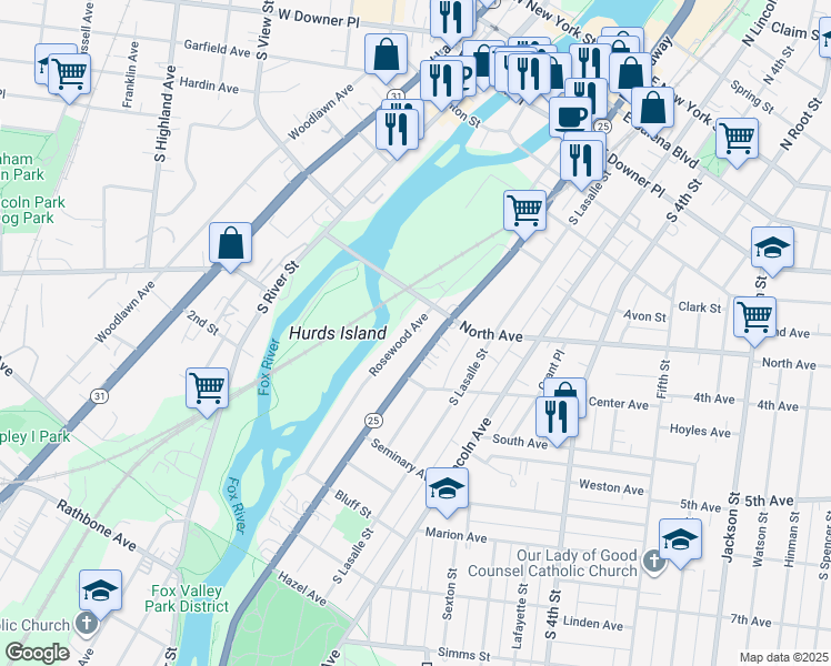 map of restaurants, bars, coffee shops, grocery stores, and more near 307 South Broadway in Aurora