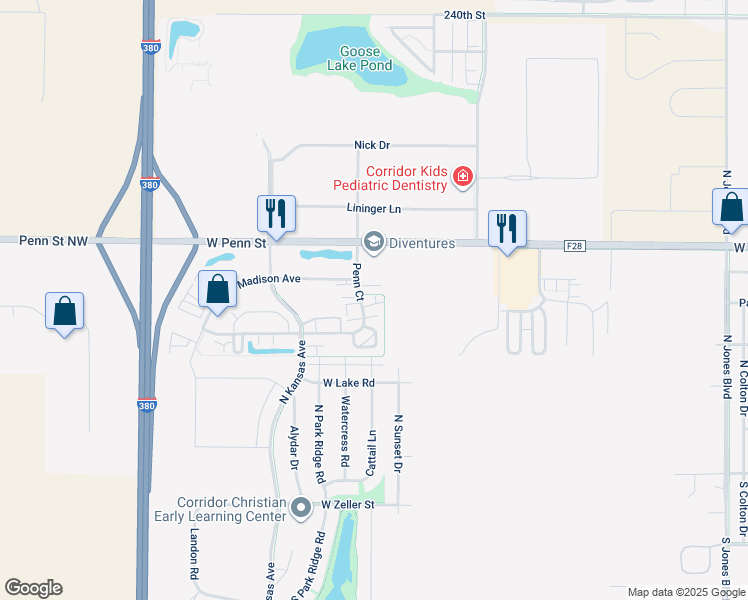 map of restaurants, bars, coffee shops, grocery stores, and more near 570 Penn Court in North Liberty
