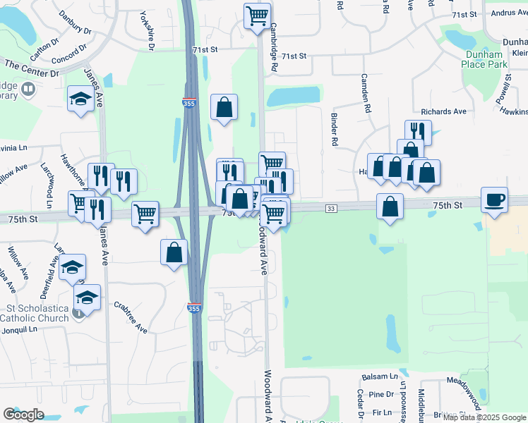 map of restaurants, bars, coffee shops, grocery stores, and more near W 75th St & Woodward Ave in Woodridge