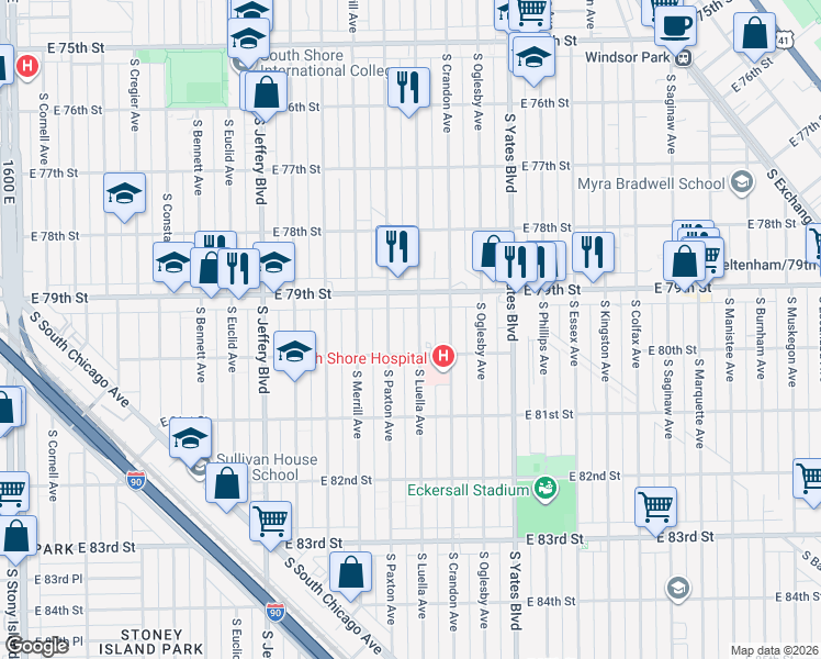 map of restaurants, bars, coffee shops, grocery stores, and more near 7918 South Luella Avenue in Chicago