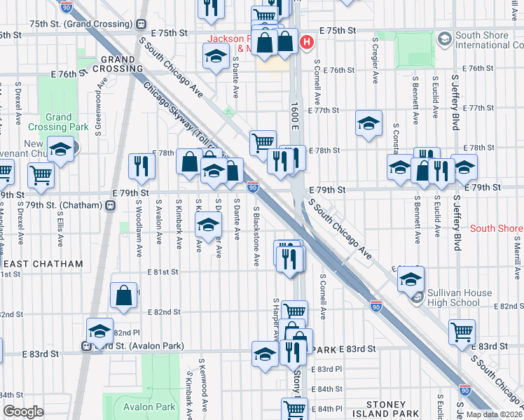 map of restaurants, bars, coffee shops, grocery stores, and more near 7912 South Anthony Avenue in Chicago